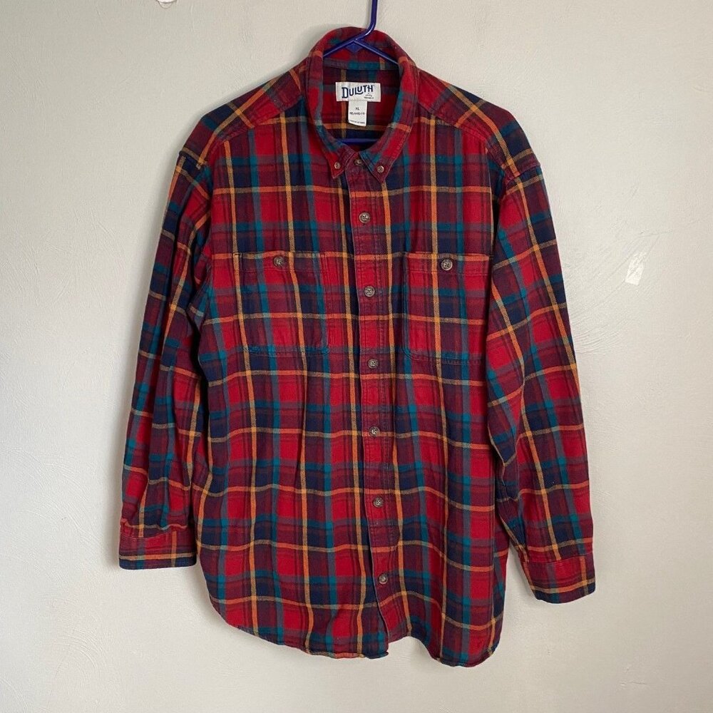Duluth Heavy Cotton Flannel Red Plaid shirt Mens XL Relaxed Fit Outdoors Winter